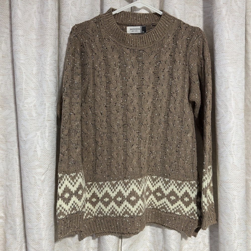 Jon & Anna Knit Chunky Cable Sweater Women's M‎ Brown Fair Isles Speckled